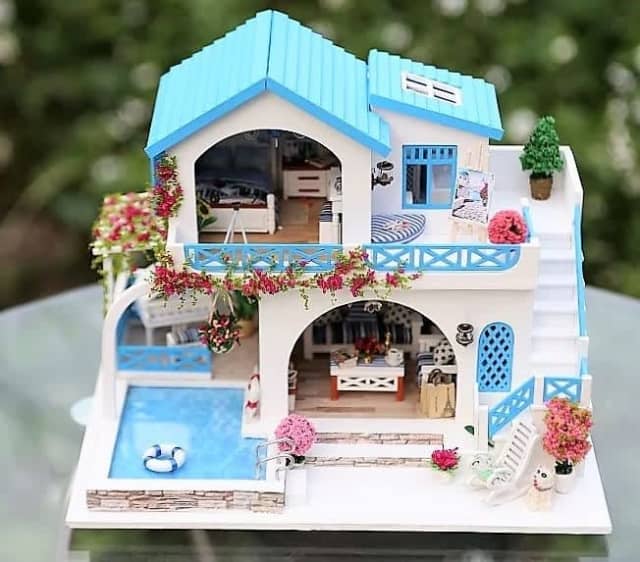Dollhouse Blue and White Town (K015) Wooden Miniature Dollhouse Toys
