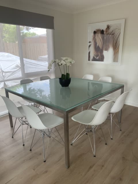 8 seater square glass dining table