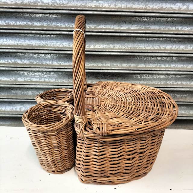 Vintage rattan picnic basket with built in double wine bottle holder