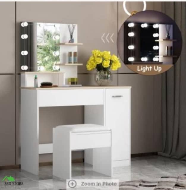 Dressing Table Dresser Makeup Vanity Table Stool Set with Mirror&LED