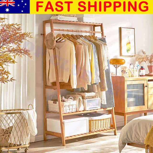 165CM Bamboo Coat Rack Stand Clothes Hanging Rail Rack Shelf Closet Po