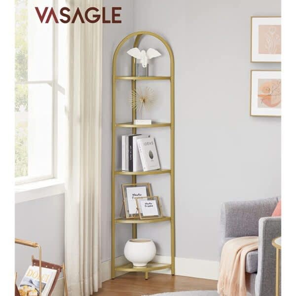 VASAGLE 5 Tier Corner Ladder Bookshelf Tempered Glass Modern Style Bookcases & Shelves