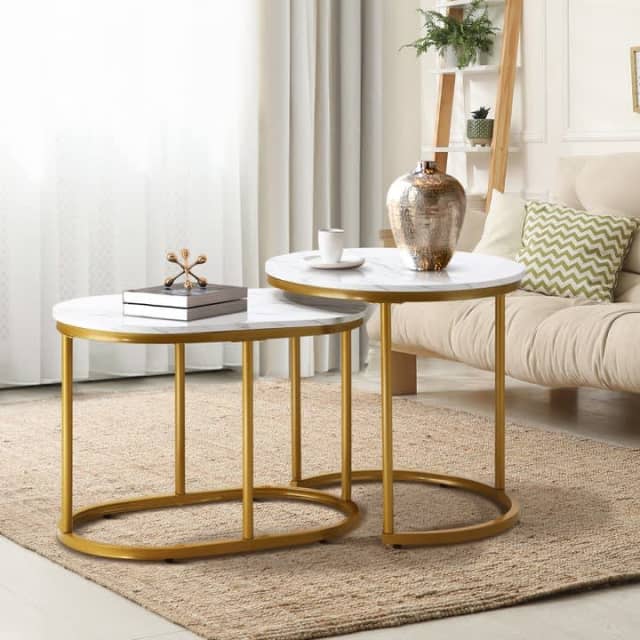Set of 2 Coffee Table Round Oval Marble Nesting Side End Table Gold