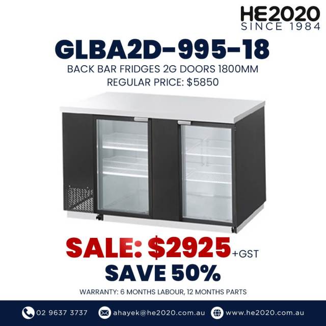 GREENLINE BACK BAR FRIDGES 2 GLASS DOORS 1800MM Fridges & Freezers
