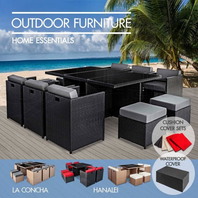 Gardeon 11 Piece PE Wicker Outdoor Dining Set Black Outdoor Dining