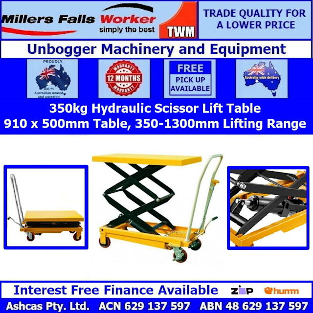 Millers Falls TWM 350kg Scissor Lift Table Manual Hydraulic 1.3m Lift