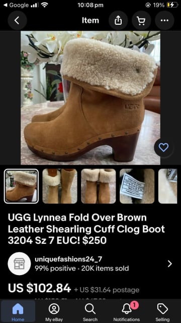 UGG Lynnea Fold Over Brown Leather Shearling Cuff Clog Boot 3204