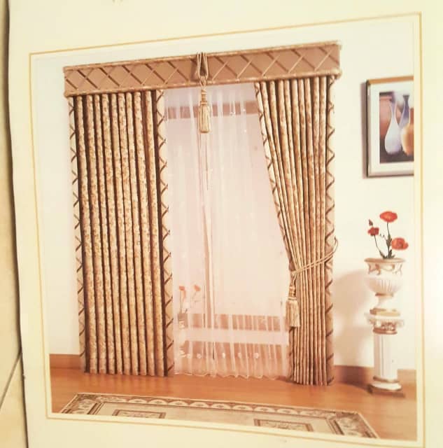 COMPLETE SET OF DRAPES, CURTAINS, SHEERS, PELMET, TASSELS, HOOKS, etc