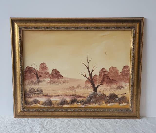 Vintage Original Oil Painting Ornate Gumtree Landscape K. Menzies 1984