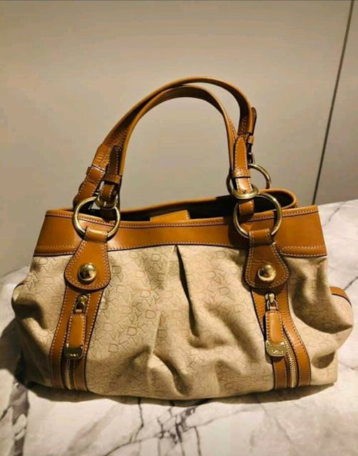 DKNY Medium Handbag Logo Stamped Exterior and Tan Leather Bags