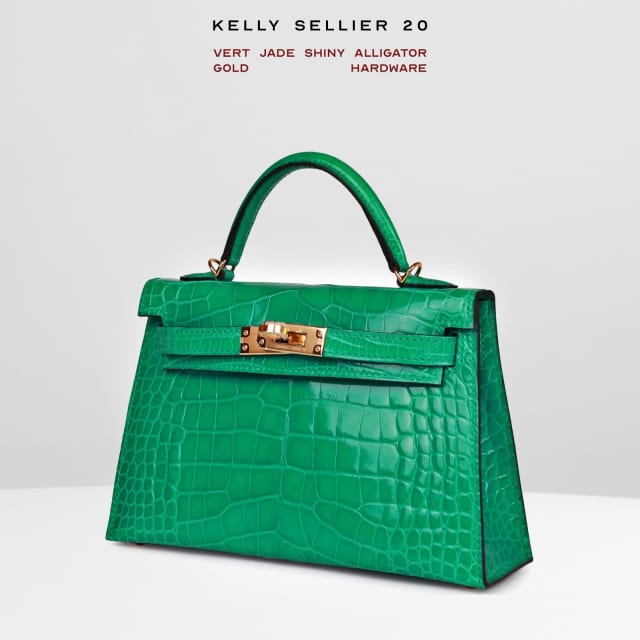 Hermes Kelly Sellier 20 Vert Jade Shiny Alligator Gold Handbag Bags