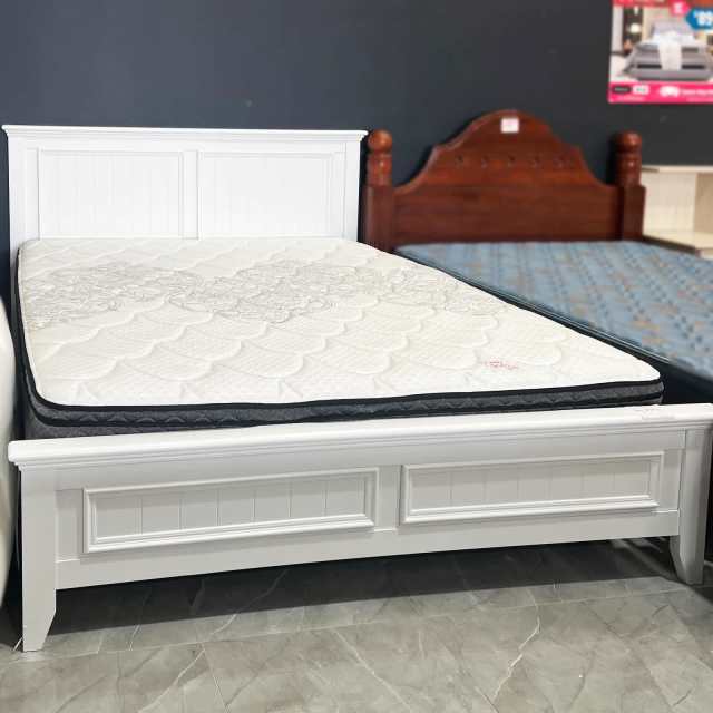 Hamptons Style White Wooden King Bed Frame 590, Comfy Mattress 490
