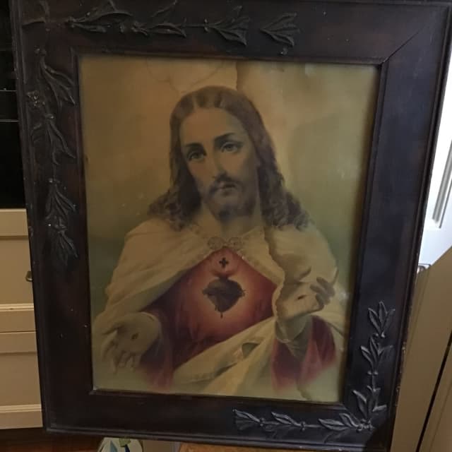 Antique Religious Art print Hand Carved wood Frame Collectables