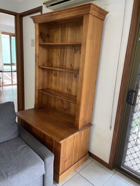 timber bookshelf with toy box