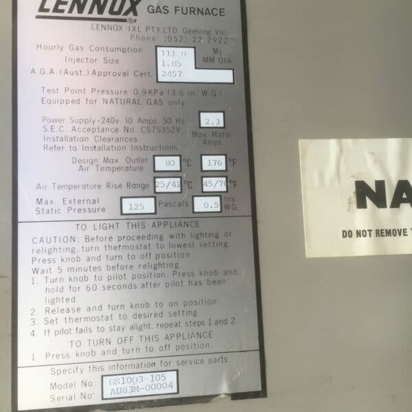 LENNOX DUCTED HEATER PARTS IN GOOD WORKING ORDER. Air Conditioning & Heating in Lower Plenty