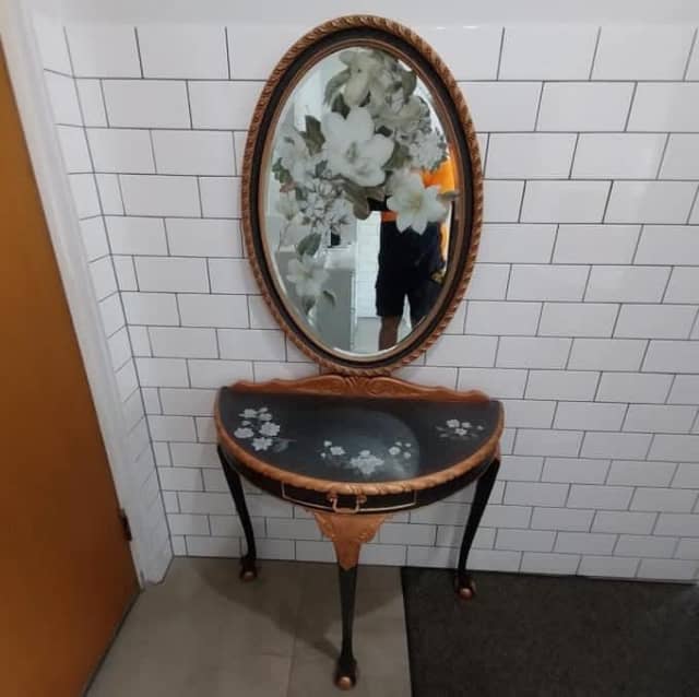 Vintage SemiRound Hall (Console) Table Matching Oval Mirror Buffets