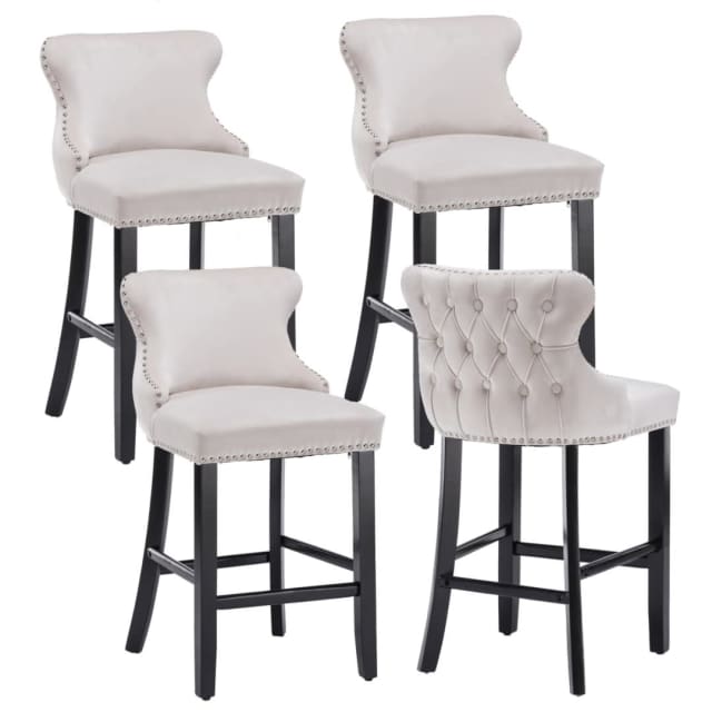 4x Velvet Upholstered Button Tufted Bar Stools with Wood Legs and