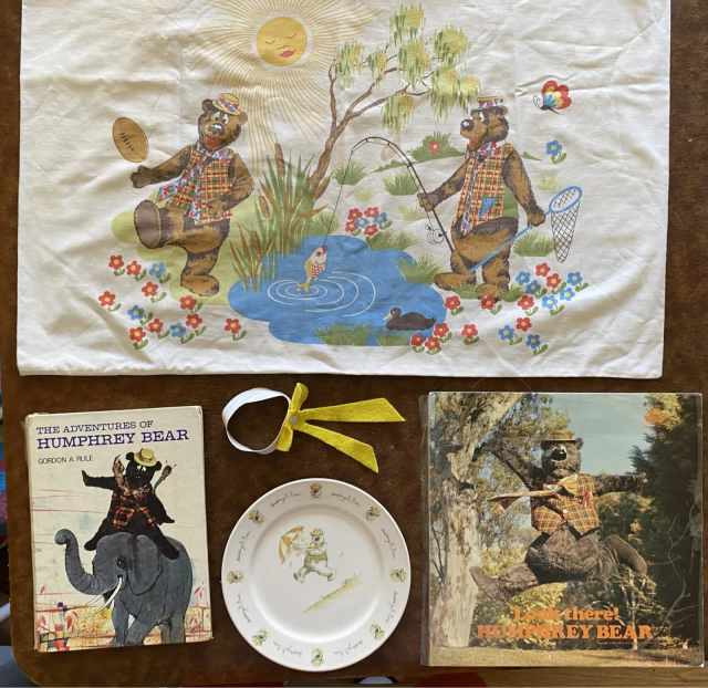 Humphrey b. Bear LP plate book pillow slip with stain and collar tie ...