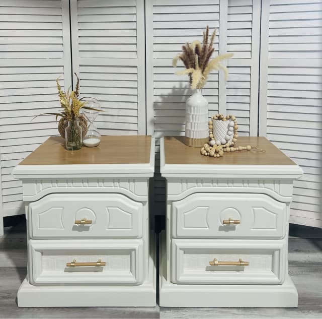 Stunning solid Hamptons cedar set panelled unique side tables Bedside