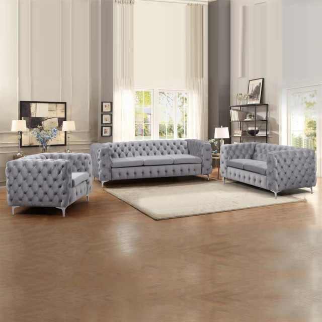 3+2+1 Seater Sofa Classic Button Tufted Lounge in Grey Velvet Fab