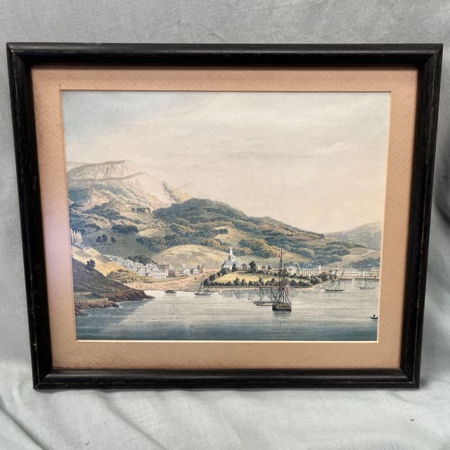 Vintage Framed Print Art, Seaside Village Town, Nautical Ships Art