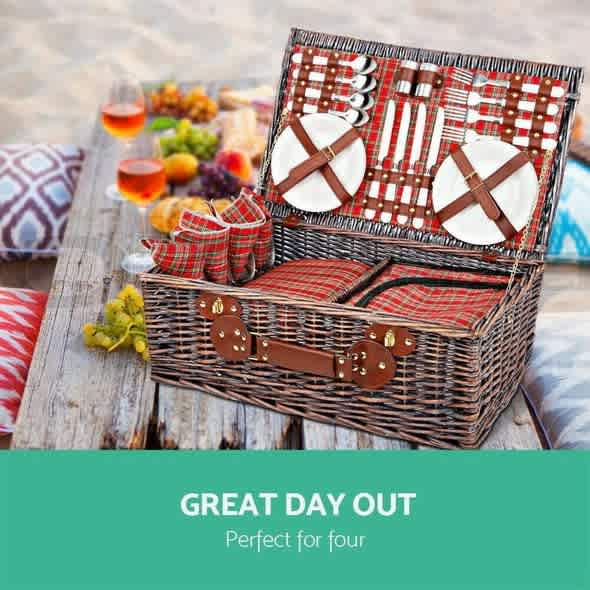 Alfresco 4 Person Picnic Basket Baskets Red Handle Outdoor Corporate B