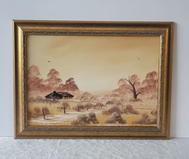 Vintage Original Oil Painting Ornate Gumtree Homestead K. Menzies 1984