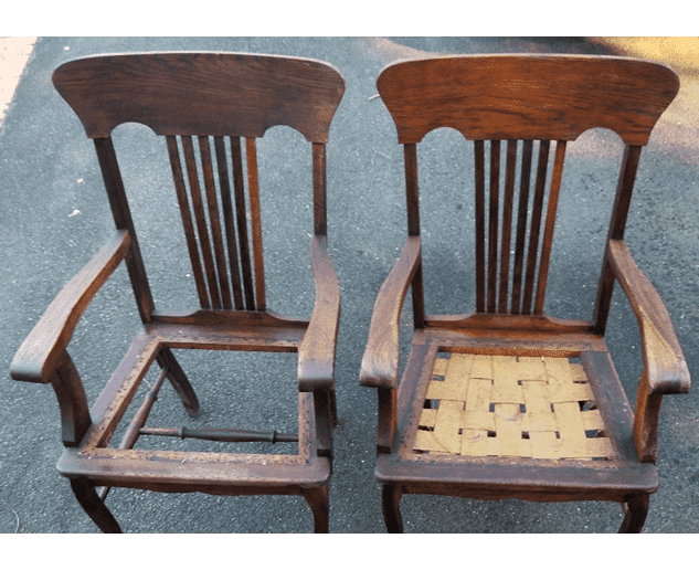 Solid oak chairs (2 carvers and 1 chair) a reupholstering project