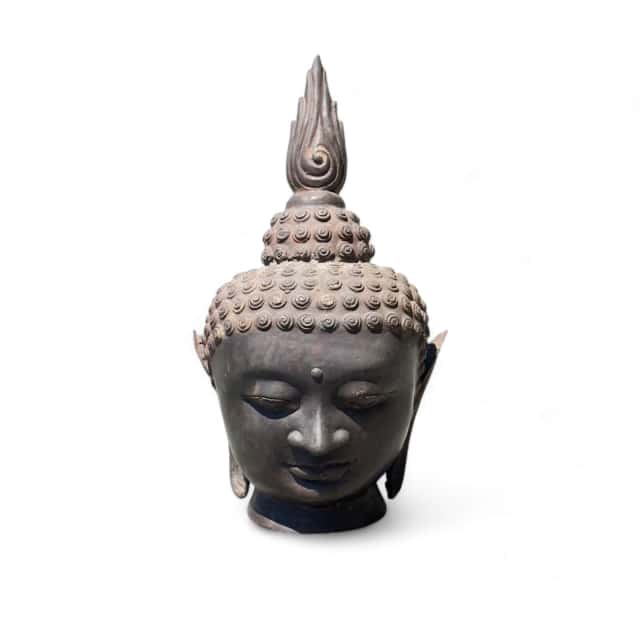 Vintage Large Bronze Buddha Head Sculpture Southeast Asian Inspired