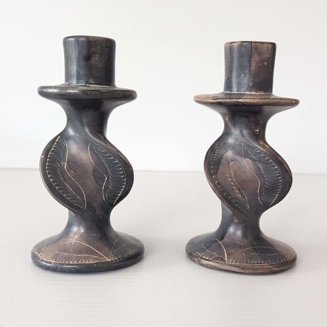 African Twisted Soapstone Candle Holder made in Kenya Pair 13cm Carved