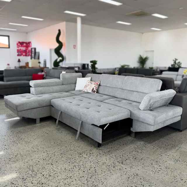 EX DISPLAY SALE! Brando Light Grey Marley Fabric Lshaped Sofa Bed