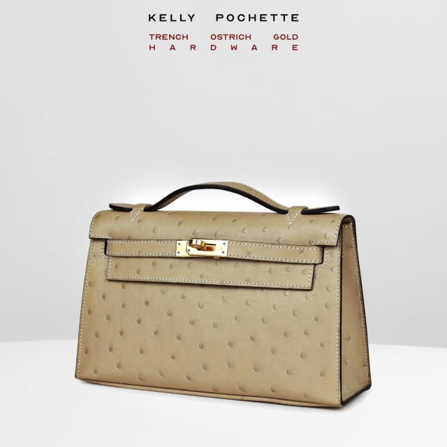 Hermes Kelly Pochette Trench Ostrich Gold Hardware Handbag Bags