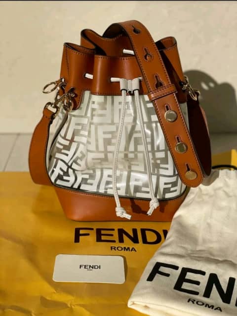 Fendi White/Tan Zucca PVC and Leather Grande Mon Tresor Bucket Bag Fendi