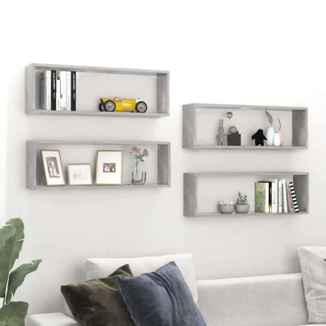 Wall Cube Shelves 4 pcs Concrete Grey 80x15x26.5 cm Engineered Wo