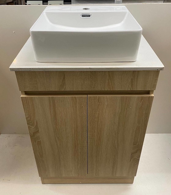 600mm OAK VANITY UNIT with STONE TOP & COUNTER BASIN Building