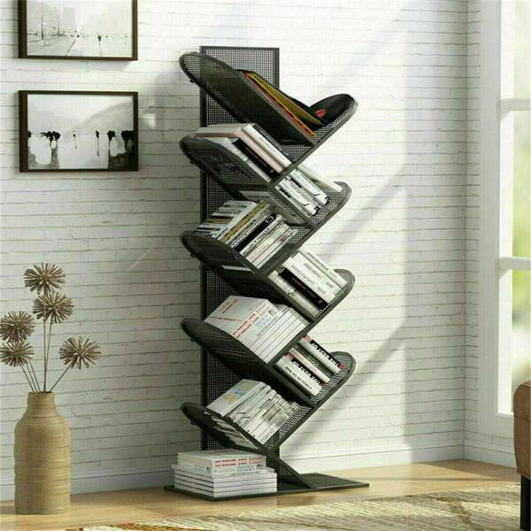 Metal Tree Bookshelf Rack Bookcase Artistic Standing Book CDs Storage Bookcases & Shelves