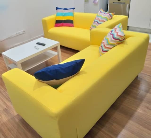 2 sofa with grey cover) on sale with additional 2 yellow covers