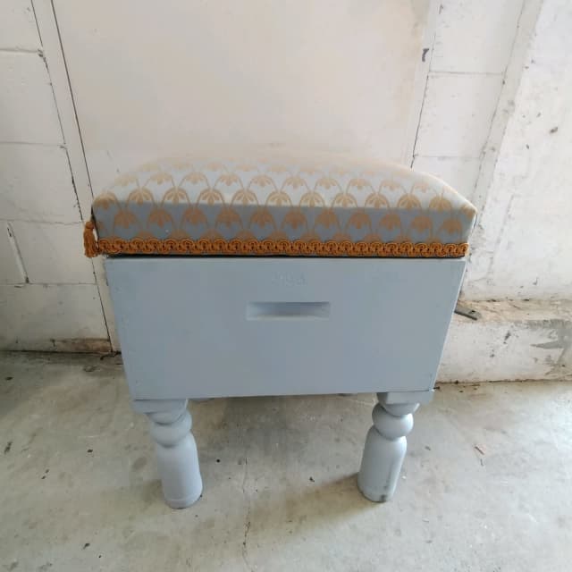 Retro style hardwood timber dressing stool with storage. See details