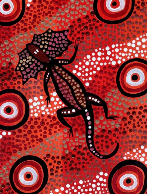 New stunning aboriginal art on canvas Frill Neck Lizard COA