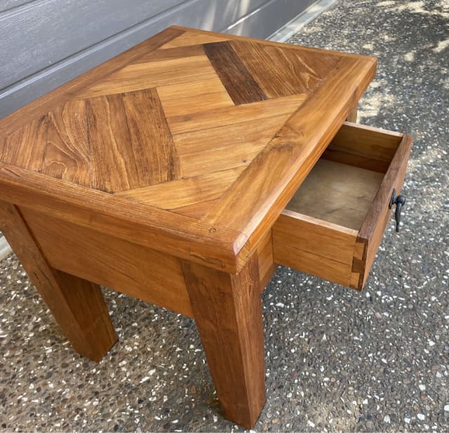 Hardwood side table with wrought iron pull ring Buffets & Side Tables