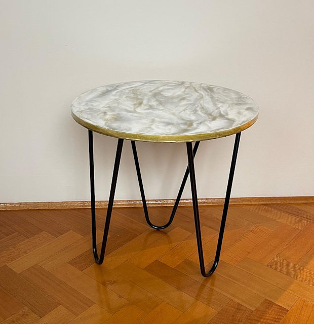 Small hand made, resin coated side table , marble effect. Buffets