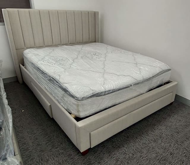 Luxury Queen Styling Bed frame with 3 drawers-Oat White with Mattress ...