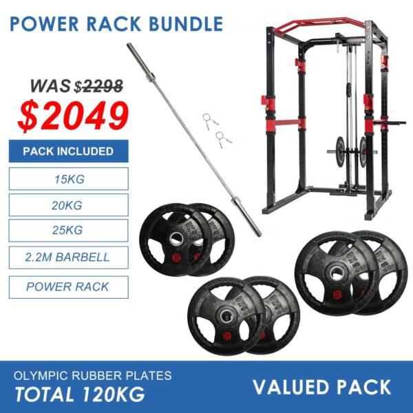 Power Rack Bundle 120kg Rubber Weight Plates & Barbell Gym
