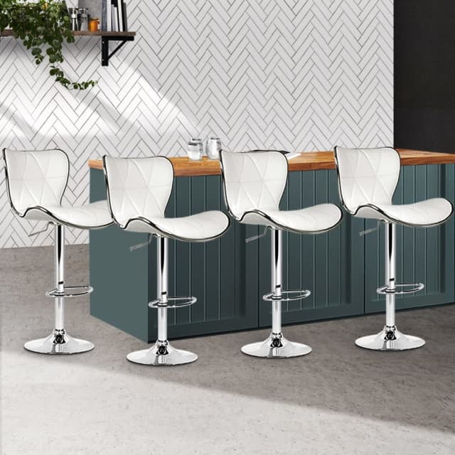 Set of 4 PU Leather Patterned Bar Stools White and Chrome Stools