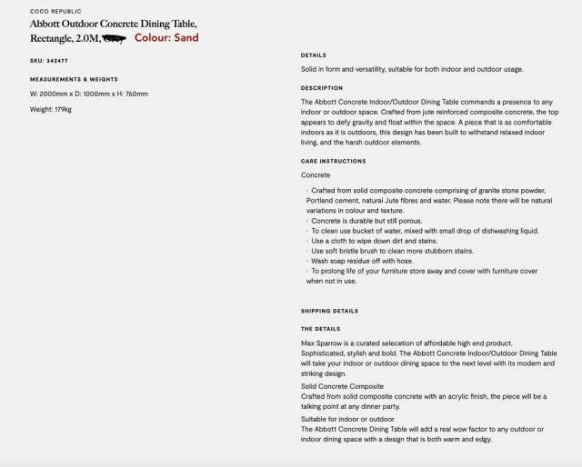 Coco Republic Concrete Dining Table Indoor/Outdoor Dining Tables in