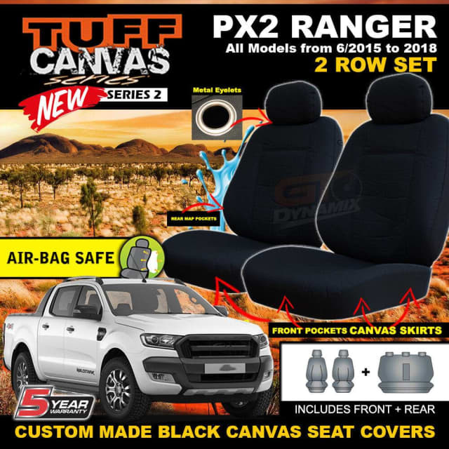 BLACK TUFF CANVAS FORD PX RANGER MK2 MK3 Dual Cab Seat Covers 2ROW XLT