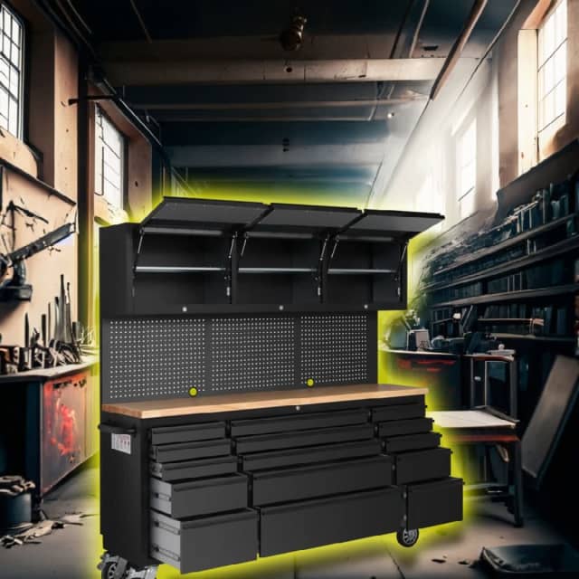 1.8m Black Rolling Workbench, Tool Chest Drawers & Overheads.GT1818