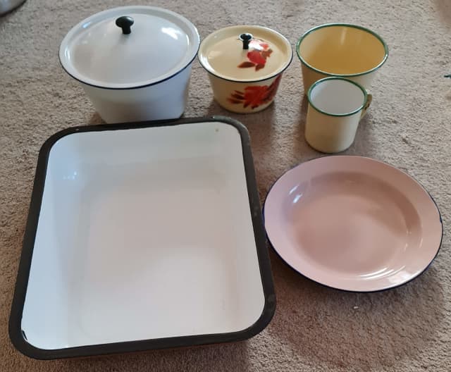 Enamelware large roasting tray pots lids dinner plate bowl cup vintage