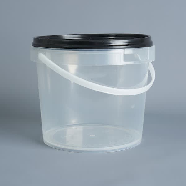 clear plastic pails / buckets with black lids 3kg honey, 2.2 litre