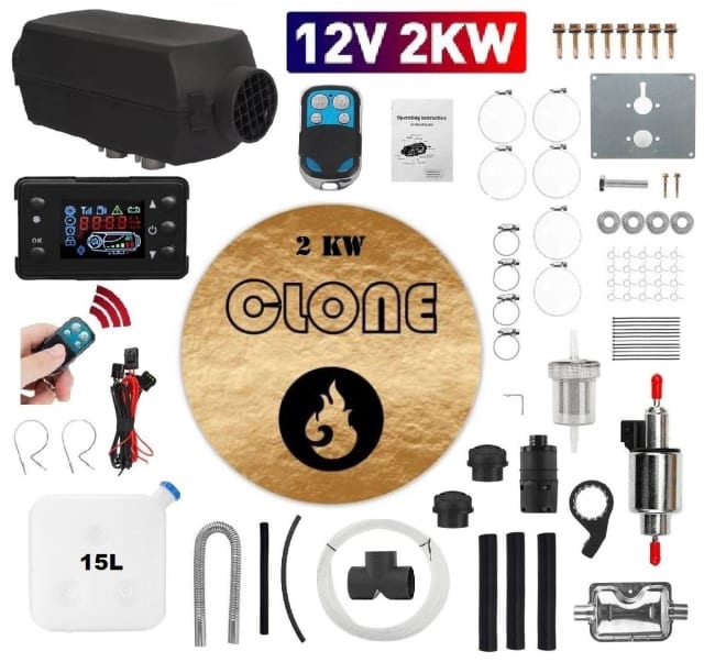 NEW 1kw2kw CLONE diesel heater 12V upgraded install kit 15L fuel tank